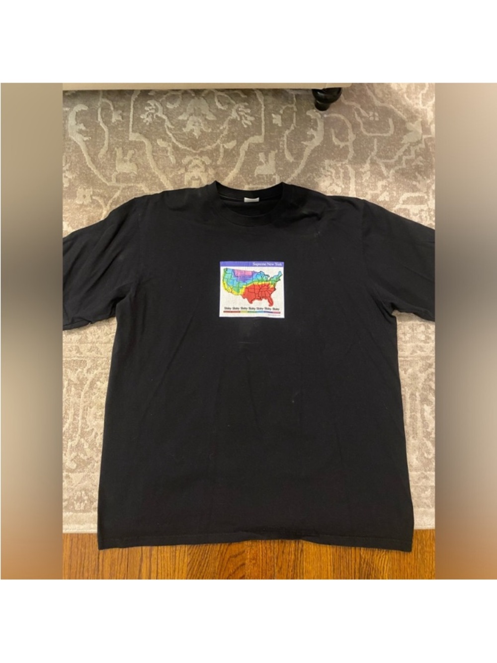 Supreme Black Graphic Tee with Colorful weather Map